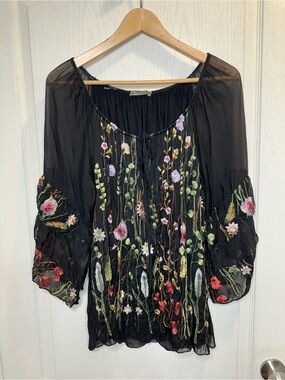 Silk Blend Black Sheer Tunic with Multicolor Floral Embroidery
